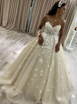 Shop 2021 Champagne 3D Flowers Spagehtti Straps Ball Gown Backless Wedding Dress Under 255