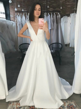 Shop 2021  V Neck Satin A Line Floor Length Backless Wedding Dress Under 128