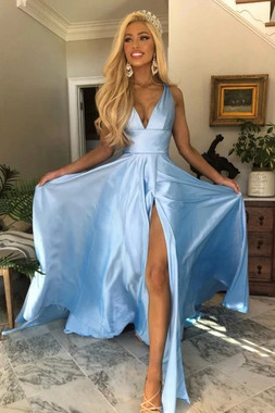 Shop 2021  V Neck Satin Long Sexy Backless Blue Prom Dress With Slit Under 94