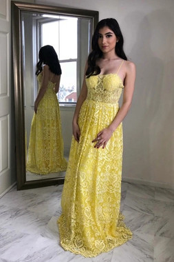 Shop 2021 Spaghetti Straps Floor Length Yellow Daffodil Lace Elegant Prom Dress Under 139