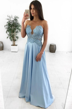 Shop 2021 Jewel Blue See Through A Line Lace Appliques Satin Prom Dress Under 135