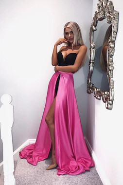 Shop 2021 Black And Fuchsia Satin Sweetheart A Line Prom Dress With Slit Under 125