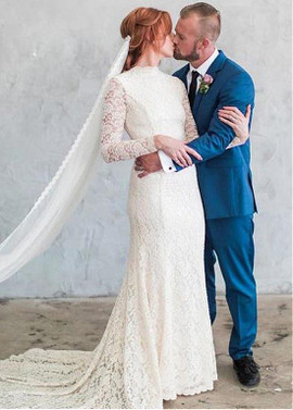 Delicate Lace High Collar Long Sleeve Mermaid Wedding Dress