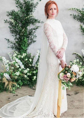 Delicate Lace High Collar Long Sleeve Mermaid Wedding Dress