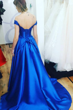 Off The Shoulder Satin Royal Blue Sweep Train Appliques Beading Prom Dress