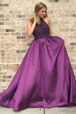 Shop 2021 Purple Halter Beading Satin A Line Satin Prom Dress Under 178