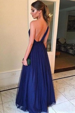 Shop Annakoo 2021  One Shoulder Dark Blue Tulle A Line Pleats Prom Dress Under 99