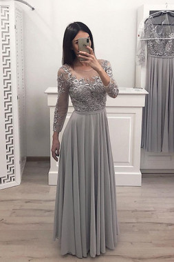 Shop 2021 Gray Long Sleeve See Through Appliques A Line Chiffon Prom Dress Under 139