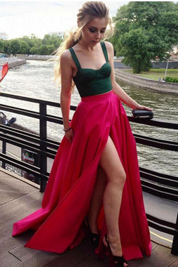 Shop Sexy Green And Fuchsia Satin Spaghetti Straps Two Piece Prom Dress With Slit Under  124