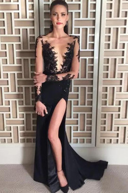 Shop 2021 Black Long Sleeve Sheer Neck Sheath Column Spandex Prom Dress With Slit Under 149