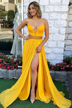 Shop 2021 Deep V Neck Yellow Chiffon Sexy Long Beading Prom Dress With Slit Under 149
