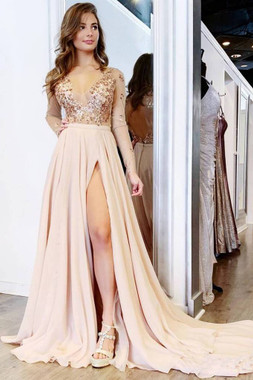 Shop 2021 ANNAKOO Pink Long Sleeve V Neck A Line Chiffon Appliques Prom Dress With Slit Under 146