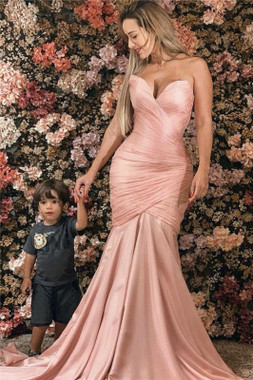 Buy 2021 ANNAKOO Pleats Tulle Pink Sweetheart Mermaid Sleeveless Prom Dress Under 158