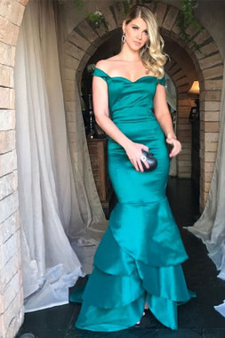 Shop ANNAKOO 2021 Off The Shoulder Green Ruffles Satin Mermaid Trumpet Prom Dress Under 138