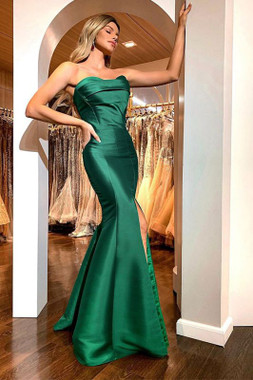 Shop 2021 Strapless Green Sheath Column Satin Prom Dress With Slit Under 119