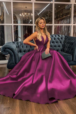 Shop Annakoo 2021 Fuchsia Backless Bowknot Satin A Line V Neck Prom Dress With Pockets Under 119