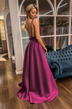 Shop Annakoo 2021 Fuchsia Backless Bowknot Satin A Line V Neck Prom Dress With Pockets Under 119