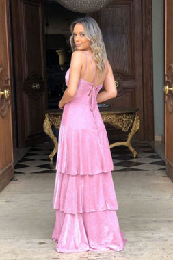 Shop 2021 ANNAKOO Pink Spaghetti Straps A Line Velvet Ruffles Prom Dress Under 135