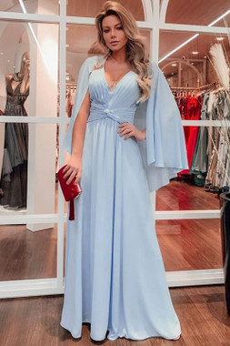 Shop ANNAKOO 2021 Ice Blue Chiffon A Line Pleats V Neck Prom Dress With Wrap Under 138