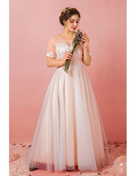 Buy 2021 Light Champagne Illusion Neck Short Sleeves Plus Size Wedding Dress Under 139