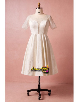 Buy 2021 Ivory Beaded Lace Illusion Neck Sleeves Plus Size Short Wedding Reception Dress Under119