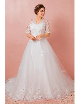 Buy 2021 Half Sleeve V Neck Tulle Beading Appliques A Line Plus Size Wedding Dress Under 217