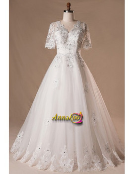 Buy 2021 Half Sleeve V Neck Tulle Beading Appliques A Line Plus Size Wedding Dress Under 217
