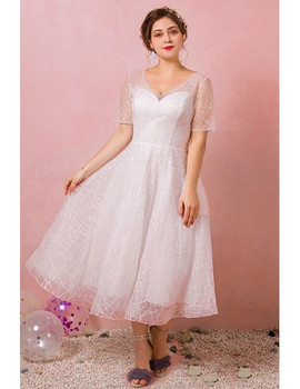 Shop 2021 Sequin Tulle Short Sleeve V Neck Tea Length Plus Size Wedding Dress Under 129