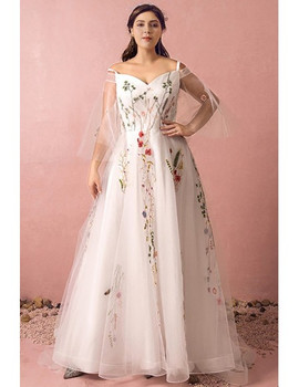 Shop 2021 Long Tulle Flowers Puffy Sleeves Embroidery Plus Size Wedding Dress Under 149