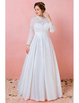 Shop 2021 High Neck Long Sleeve Lace & Satin A Line Plus Size Wedding Dress Under 167