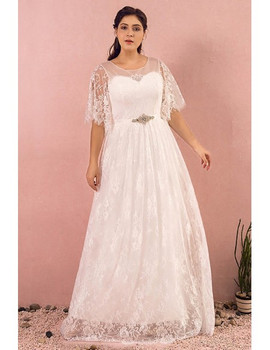 Buy 2021 Ivory Lace Beading Puffy Lace Sleeves Plus Size Wedding Dress Under 169