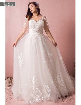 Buy 2021 Plus Size Boho Flowy Lace Short Sleeve Appliques Beach Wedding Dress Under 239
