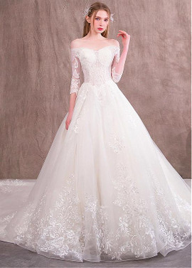 Long Sleeve Tulle Off-the-shoulder Lace Appliques Wedding Dress 