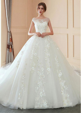 Tulle Bateau 3D Flowers Ball Gown Wedding Dress With Lace Appliques