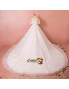 Shop 2021 Illusion Neck Beading Puffy Sleeves Lace Plus Size Wedding Dress Under 298