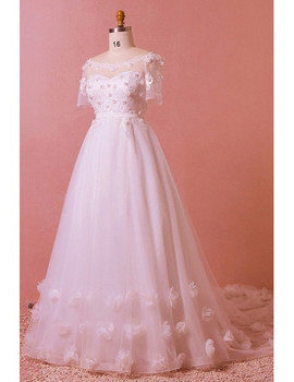 Shop 2021 Petals Long Train Illusion Neck 3D Flowers Long Sleeve Plus Size Wedding Dress Under 239