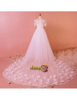  Petals Long Train  Illusion Neck  3D Flowers Long Sleeve Plus Size Wedding Dress