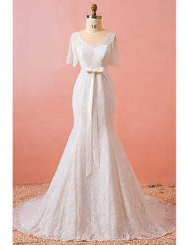 Buy 2021 Fitted Mermaid Short Sleeves Lace V Neck Plus Size Wedding Dress Under 169