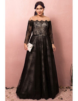 Shop 2021 Black Long Sleeves Plus Size Illusion Neck Belt Prom Dress Under 178