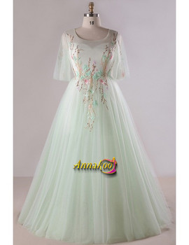 Light Green Tulle Mint Embroidered Flowers Plus Size Prom Dress