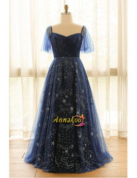 Shop 2021 Navy Blue Sequin Sparkly Star Puffy Sleeves Plus Size Prom Dress Under 149