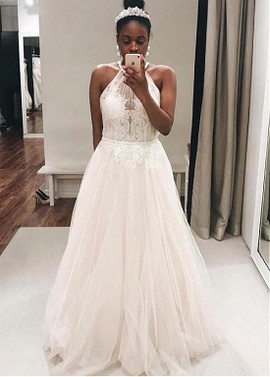 Tulle Halter Lace Appliques A-line Wedding Dress 