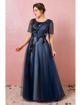 Shop 2021 Navy Blue Pleated Tulle Sheer Sleeves Plus Size Formal Prom Dress Under 145