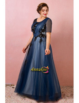 Navy Blue Pleated Tulle Sheer Sleeves Plus Size Formal Prom Dress 