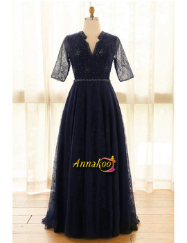 Navy Blue Beading Lace V Neck Tulle Sleeves Plus Size Formal Prom Dress