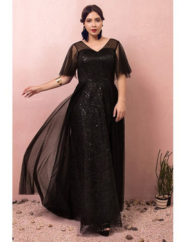 Shop 2021 Black V Neck Long Sequins Puffy Sleeves Plus Size Prom Dress Under 148