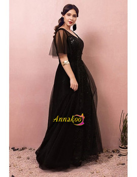 Black V Neck Long Sequins Puffy Sleeves Plus Size Prom Dress