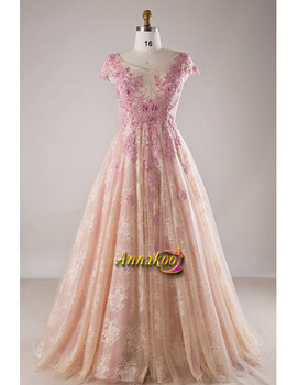 Shop 2021 Appliques Sequin Pink Lace Cap Sleeves Plus Size Formal Dress Under 225