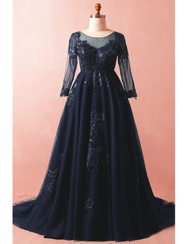 Shop 2021 Illusion Neck Long Sleeves Navy Blue Plus Size Prom Evening Dress Under 175