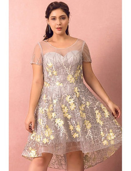 Shop 2021 Grey with Yellow Flowers Sheer Short Sleeves Plus Size Prom Dress Under 116